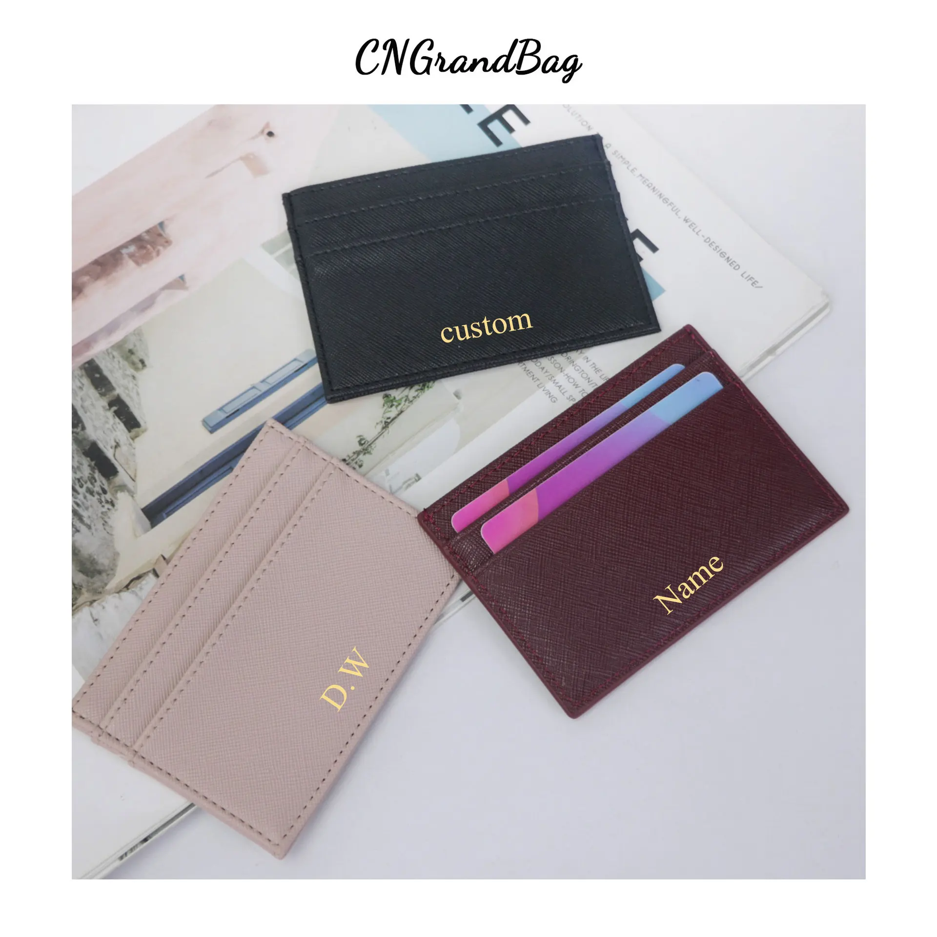 hot sale simple multi color saffiano leather card holder flat card pocket PU leather credit card holder