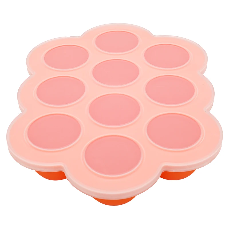 Custom Food Grade Soft Silicone Baby Food Storage Freezer Baby Food Ice Cube Tray 10-Ice CubeTray with Clip-On Lid