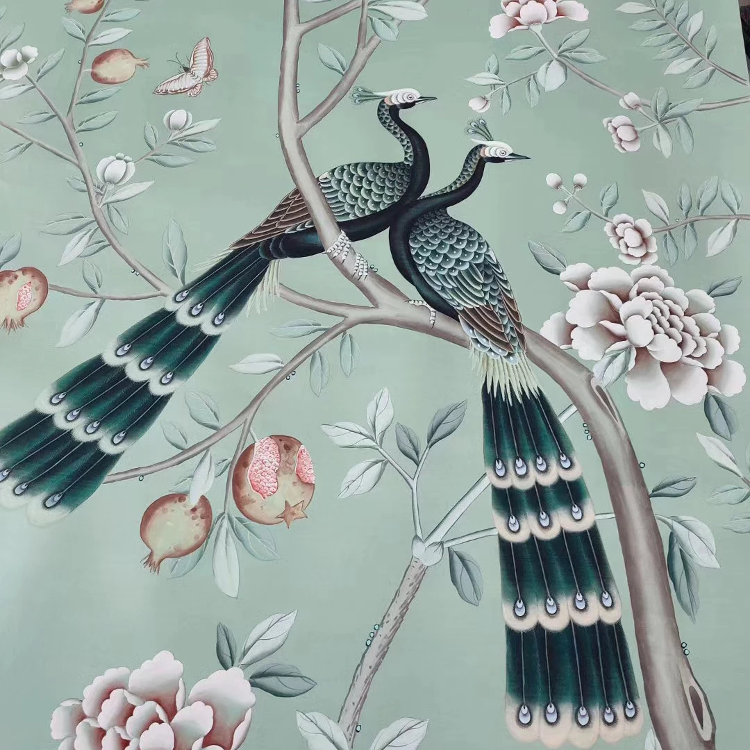 Zhenling luxury Chinoiserie hand-painted peacock design Silk wallpaper for interior house wall decoration