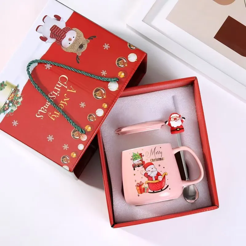 High Quality Customized Christmas Cup Christmas Tree Santa Claus Ceramic Mug With Lid And Spoon