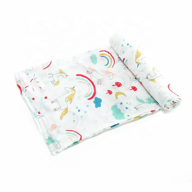 New Design Custom Patterns Organic Cotton Bamboo Baby Muslin Wrap Unique Swaddle Blanket With Labels