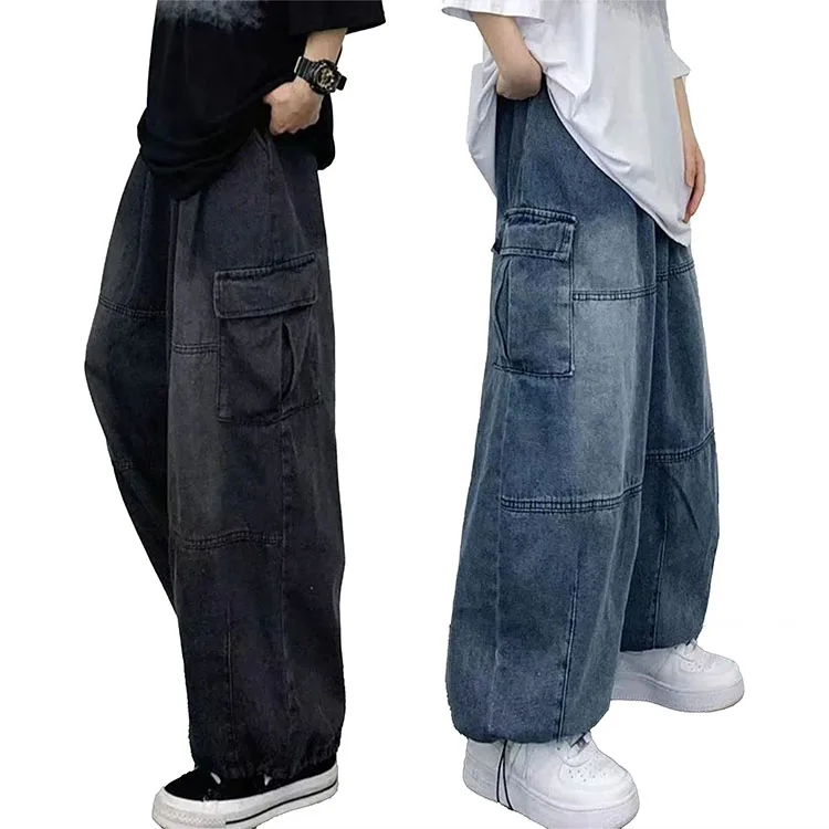 New arrival Hip-Hop baggy jeans men Washed vintage Multi-Pocket cargo jeans men Street Skateboard Hem drawstring denim Jeans