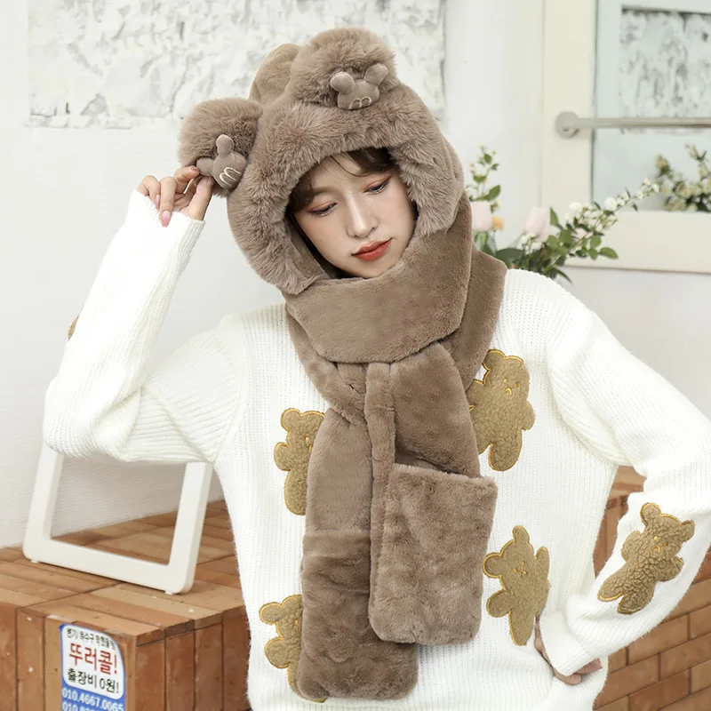 Women Outdoor Warm Winter Hats Set Girls Earflap Caps Cartoon Fur Hat Scarf Gloves One Piece Set