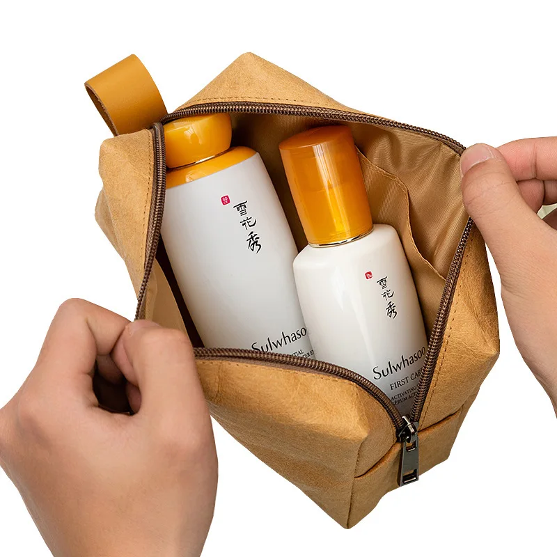 Custom logo retro ecofriendly recyclable DuPont paper travel cosmetic bags vintage brown washable kraft paper makeup zipper bag