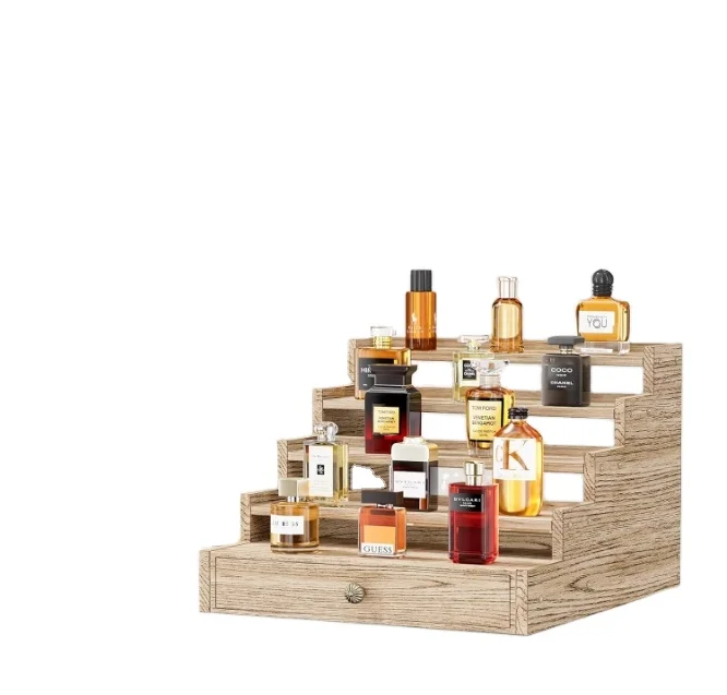 5 Tier Cologne Organizer Wooden Cologne Stand Holder Display Shelf with Drawer Storage