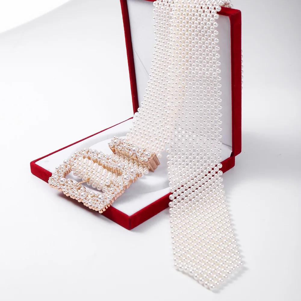 Fashion Lady Luxury Handmade White Beads Women Wide Waist Artificial Pearl Belt with Square Buckle