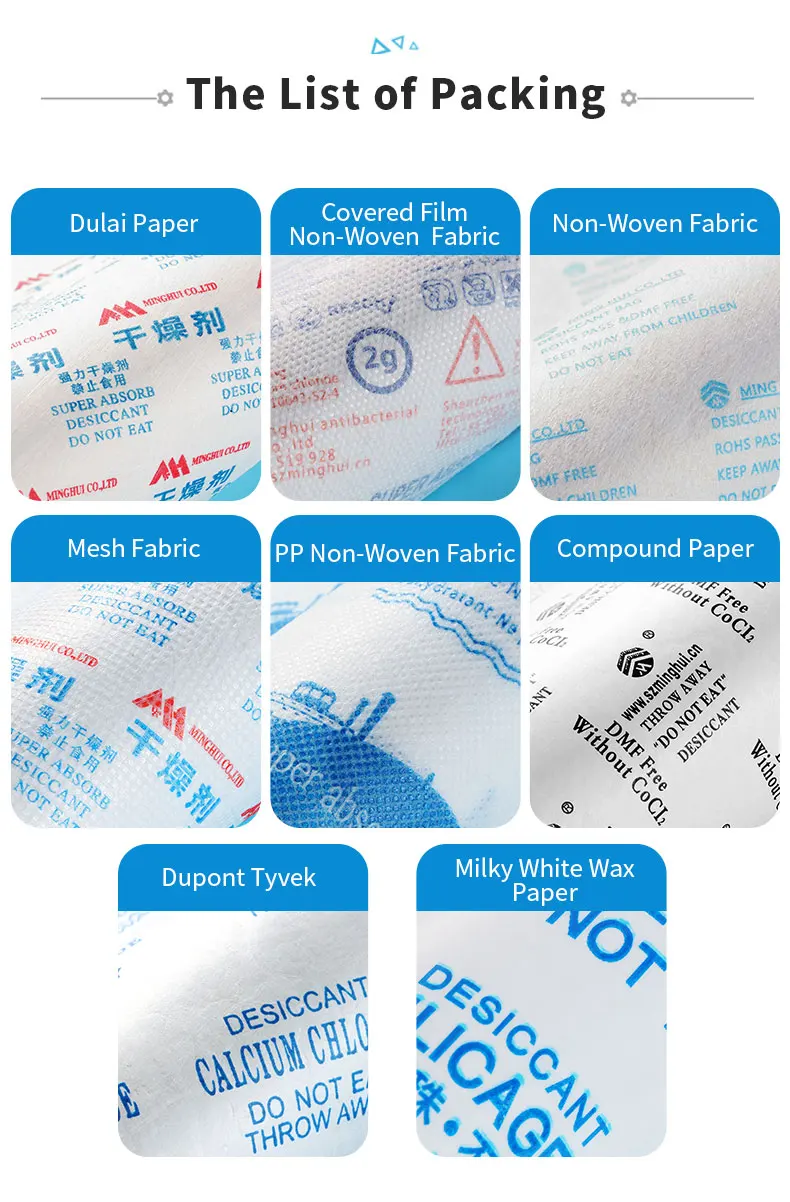 MINGHUI 5g Static Drying RoHS Reach DMF Standard Desiccant Silica Gel Desiccant Silica Gel Bag