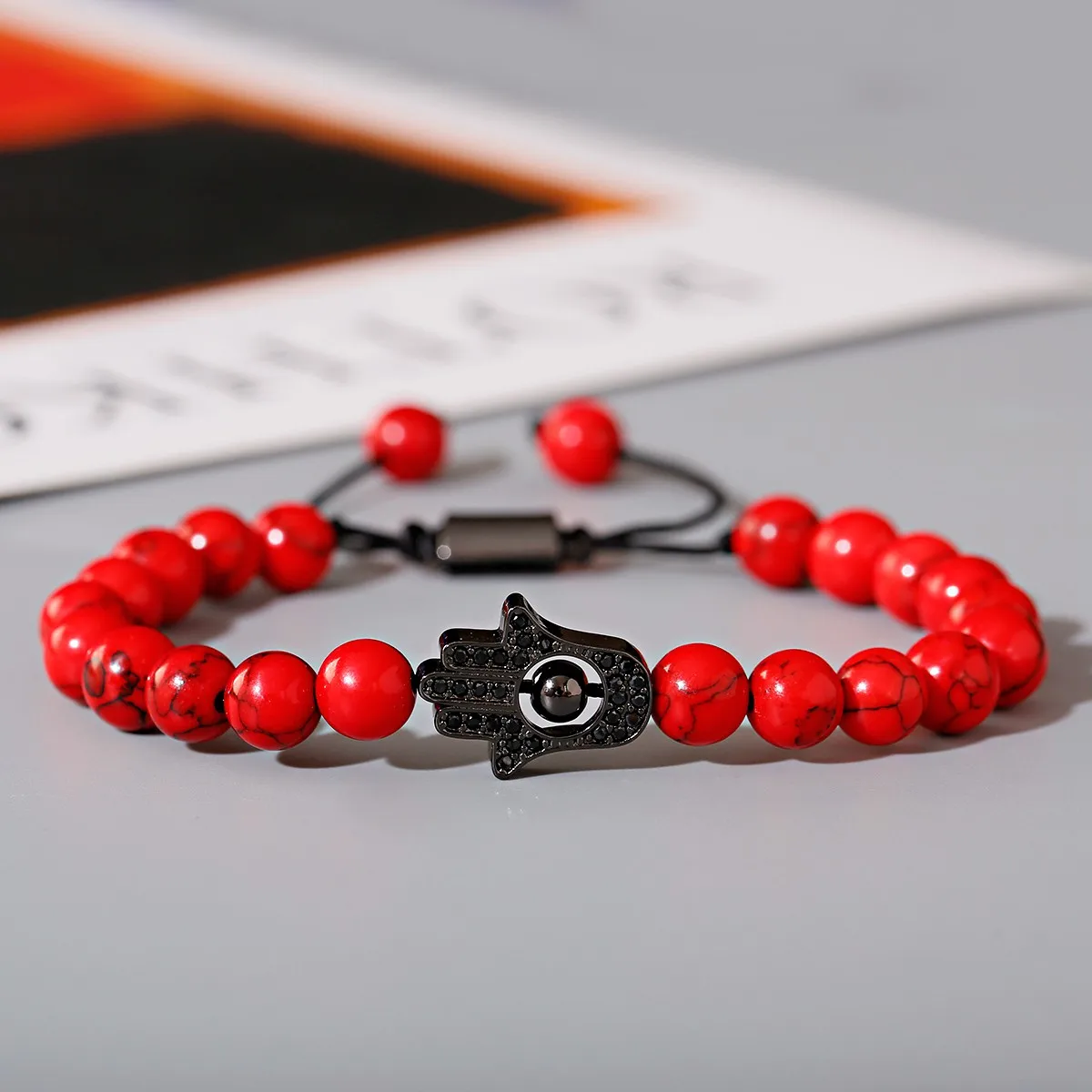 Fashion Black Hamsa Fatima Hand Evil Eye Beaded Bracelets 8mm Red Turquoise Adjustable Bracelets Wholesale