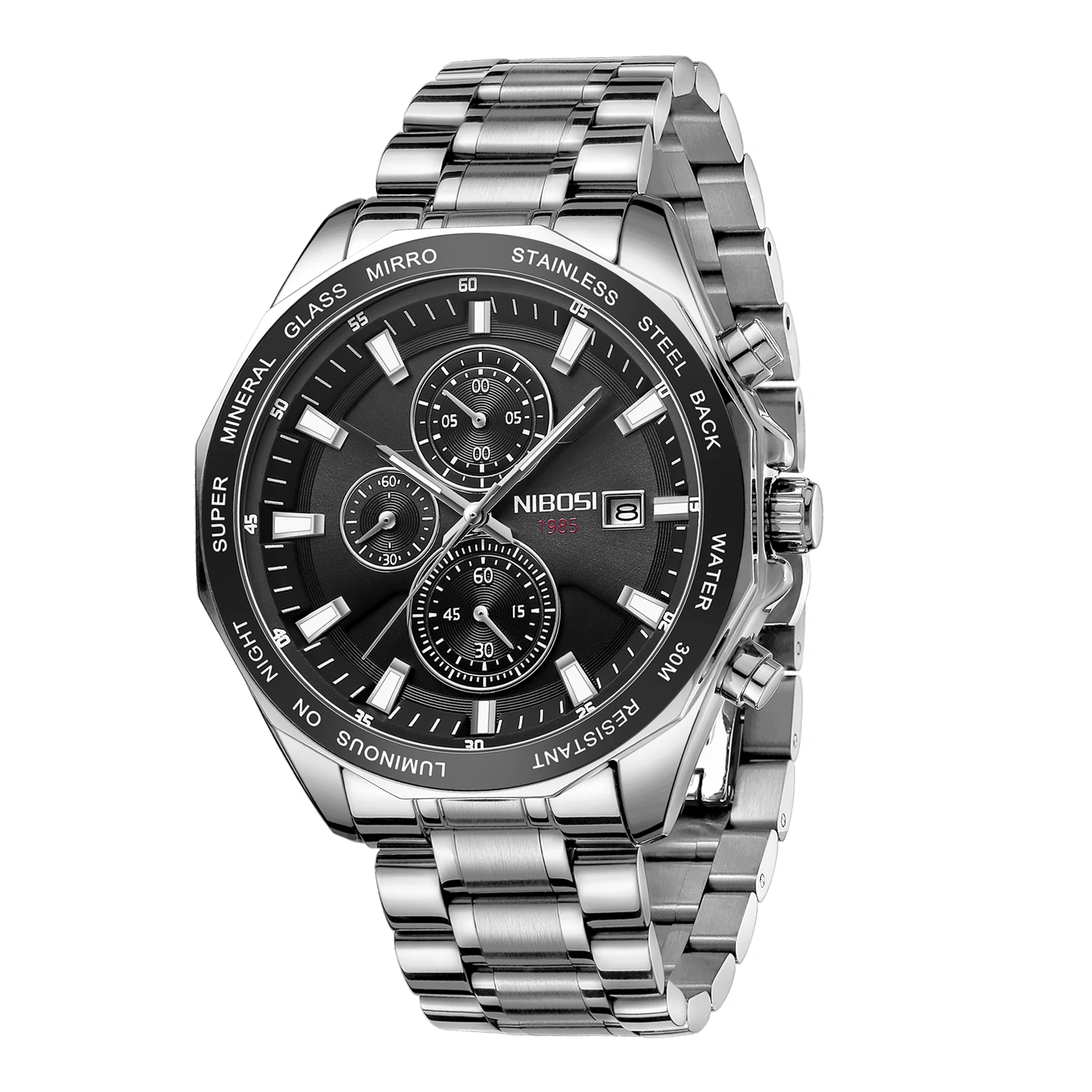 NIBOSI 2599 brand name Chinese mens quartz watch complications Steel Strap water proof Chrono all type business watch supplier