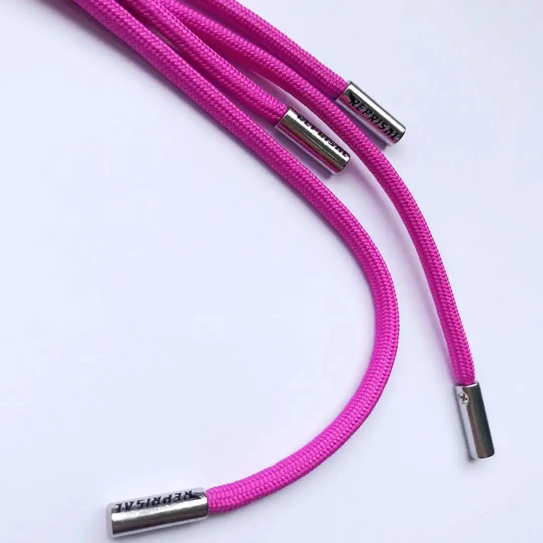 4mm round polyester drawstring cord custom engraved logo screwed metal aglet