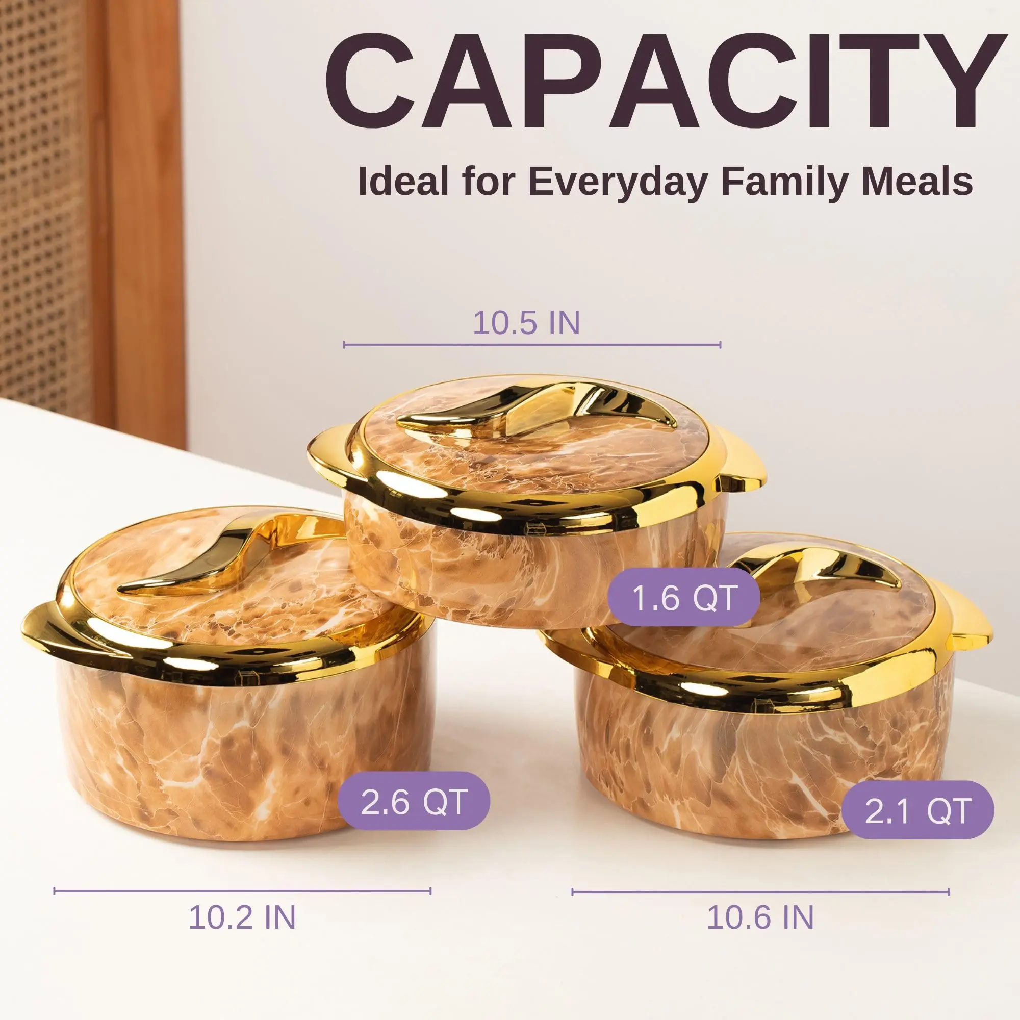 Insulated Thermal Bowl 3 pc. Set 2.6/2.1/1.6 qt. - Keep Food Warm for Hours - Versatile Serving Dishes with Lids