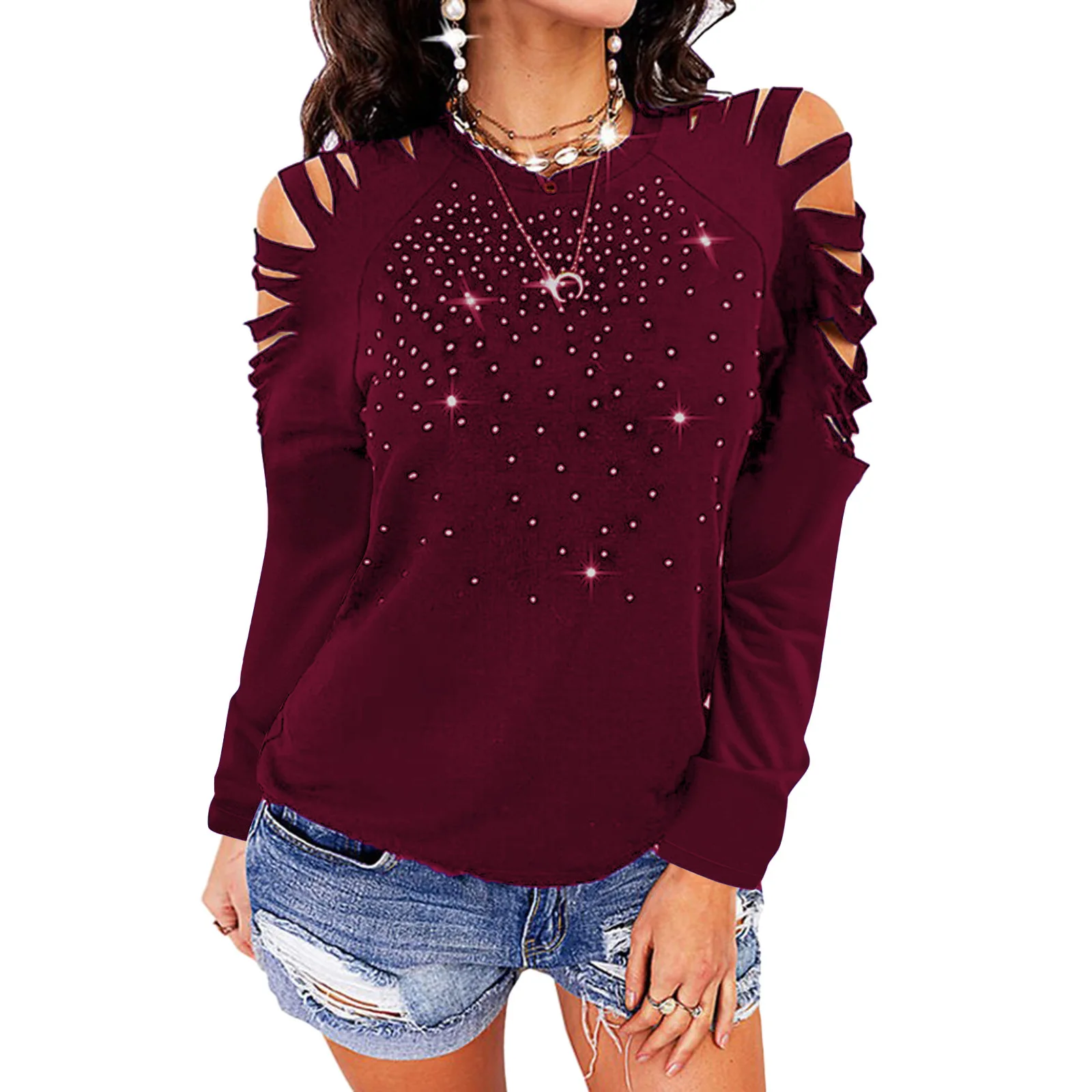 Autumn and winter new round neck hot drilling hollow long-sleeved off-the-shoulder top T-shirt