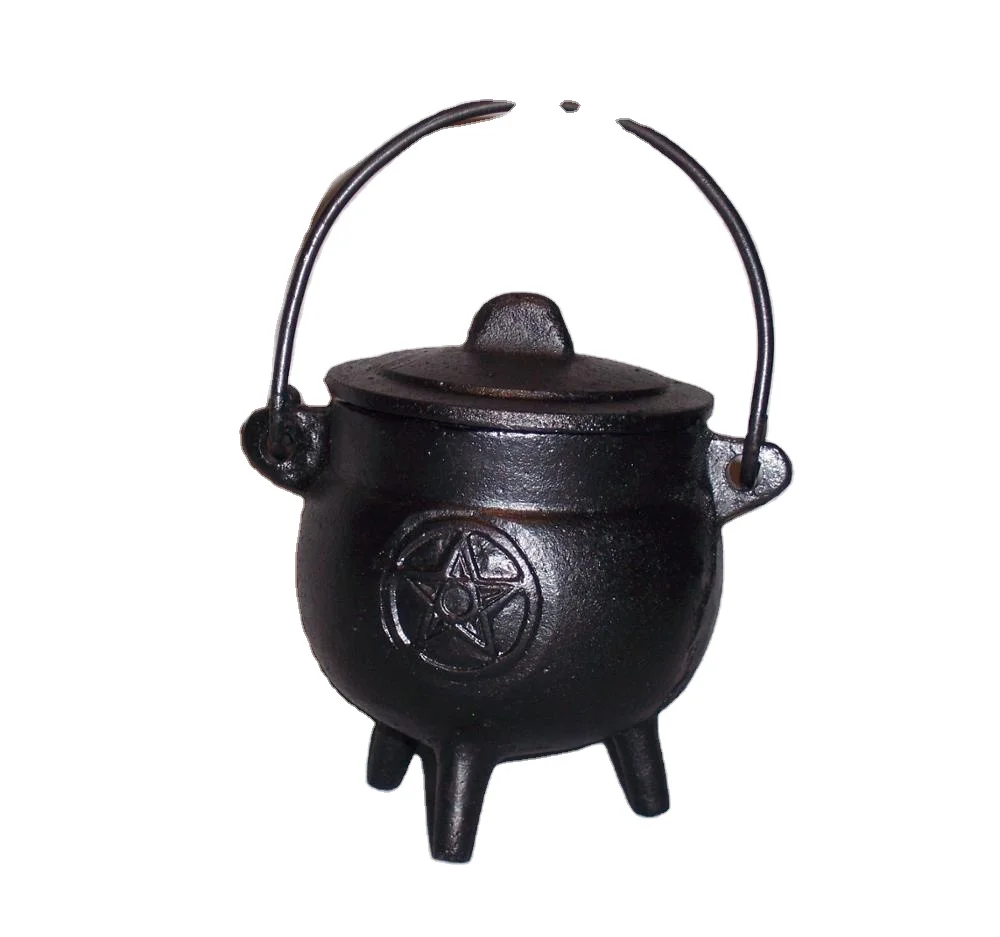 Iron Pentacle Incense Resin Burner and Charcoal Burner Iron Cauldron With Handle in Black Finish