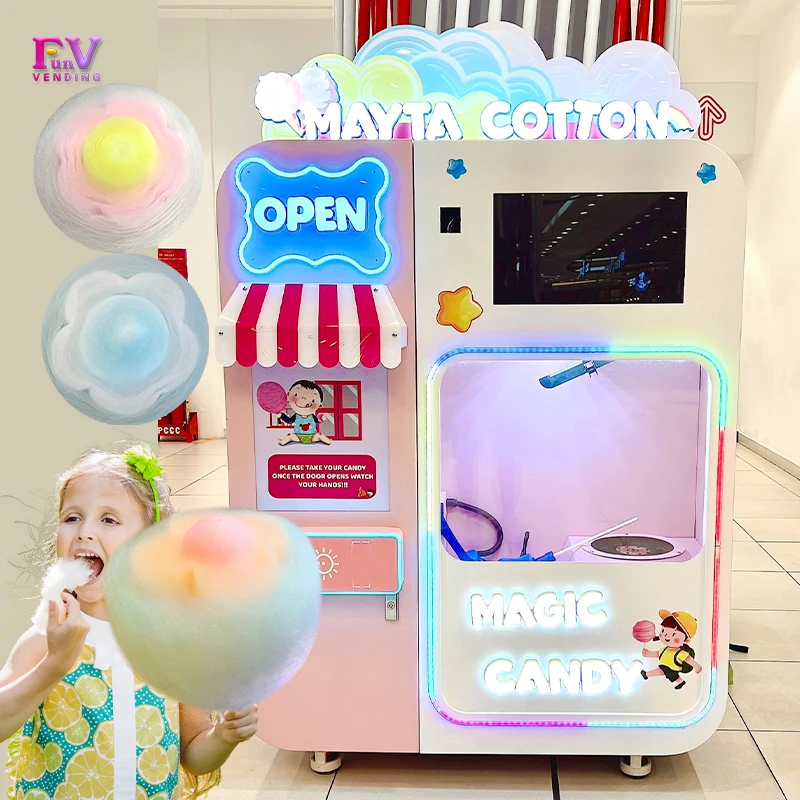 Swipe card and coin-operated one-button cotton candy machine popcorn machine automatic cotton candy vending machine.
