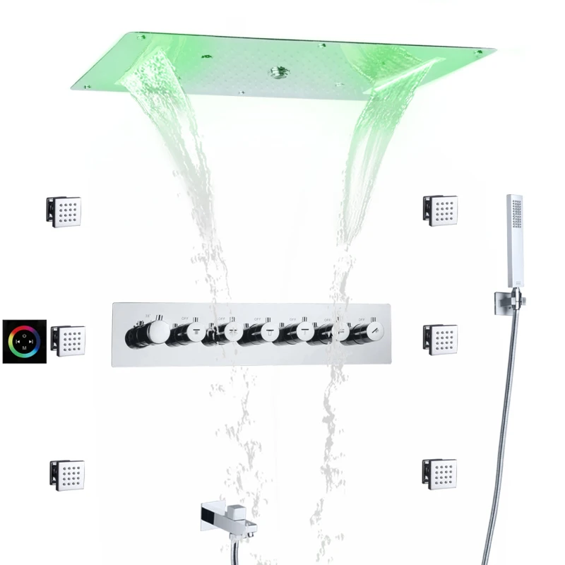 Smart LED насадки для душа Термостатический смеситель ванны и наборы 28*15 дюймов водопад дождь потолочные встраиваемые ванная комната