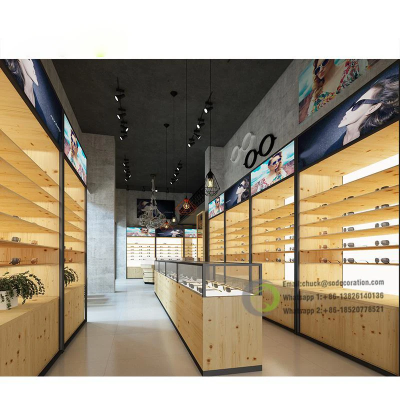 Optical Idea Wooden Shop Decoration Cabinet Spectacle Frame Sunglasses Display Stand Eyewear Store Design