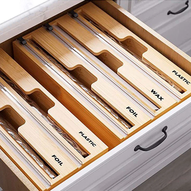 Wholesale Hot Kitchen Roll Organizer Cling Holder,Plastic Wrap dispenser slide cutter,Bamboo Wood Cling Food Wrap Dispenser