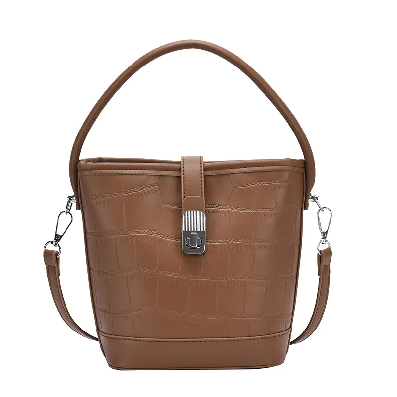 2024 Trendy Designer Brand PU Leather Crossbody Bucket Bag for Women Single Strap Vintage Bohemian Dress Style Portable Handbag
