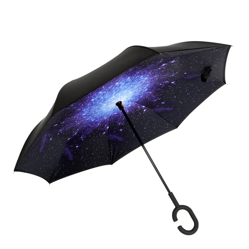 High Quality C Shaped Handle Windproof  Inverted C Shape Rain Sun Portable Straight Automatic Reverse  Custom Umbrella With logo