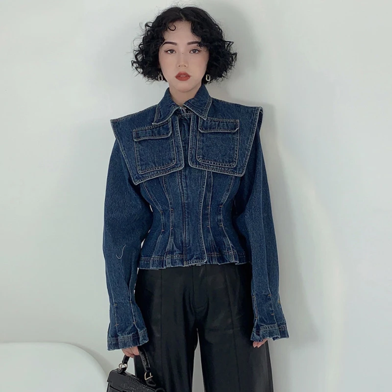 TWOTWINSTYLE Blue Lapel Long Sleeve Slim Short Tops Pockets Cropped Denim Jacket Women