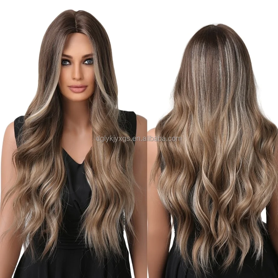 WH35 New style Medium Divider length curly hair Body wave wig Pick Dyeing gradient gray brown Synthetic Hair Wigs for women hair