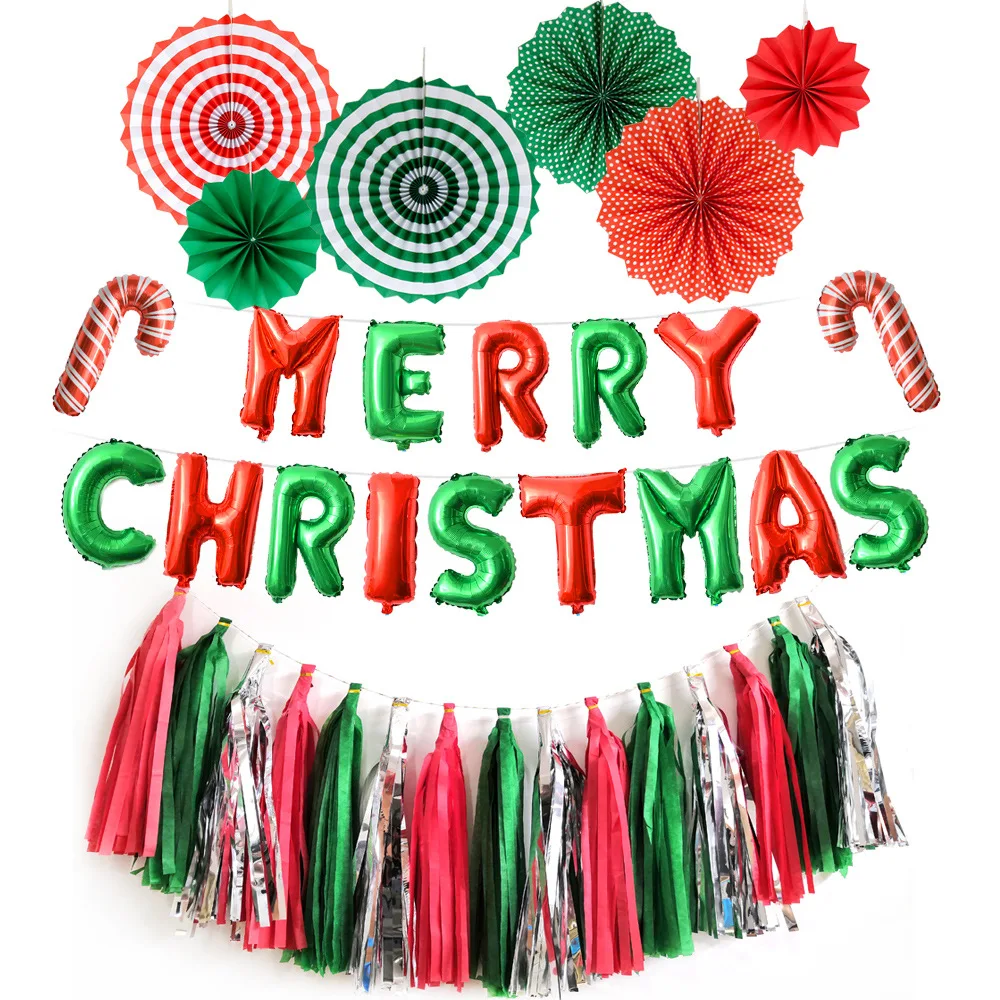 Wholesale Christmas Party Supplies Red Green Paper Fan Flower Merry Christmas Letter Balloon Tassel Set