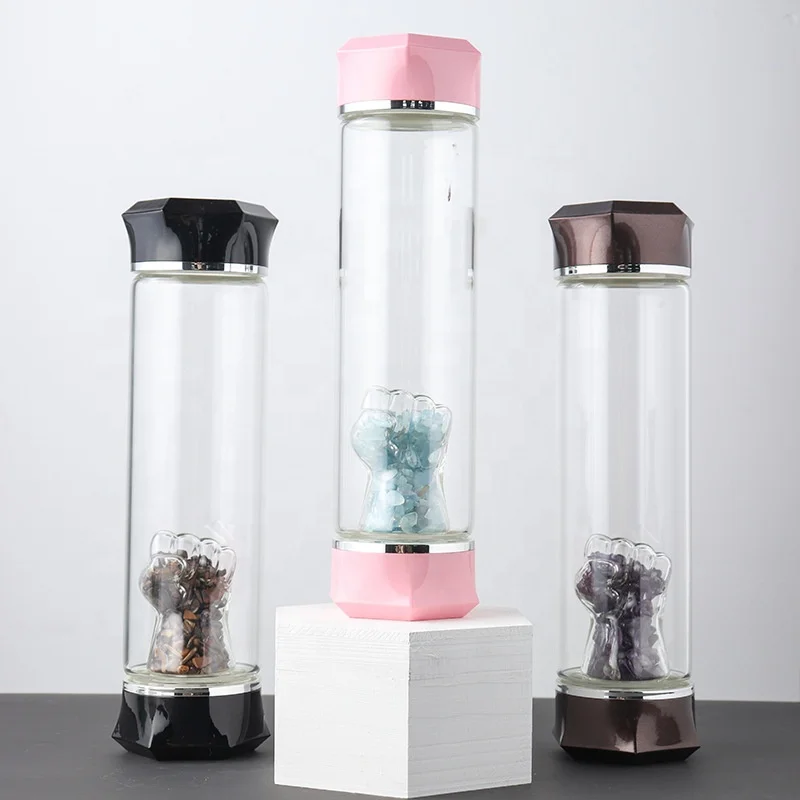 Energy Rose Quartz Crystal Infused Glass Water Bottle with Dreamy Amethyst Healing Wand and protective sleeve bag 550ml 18oz