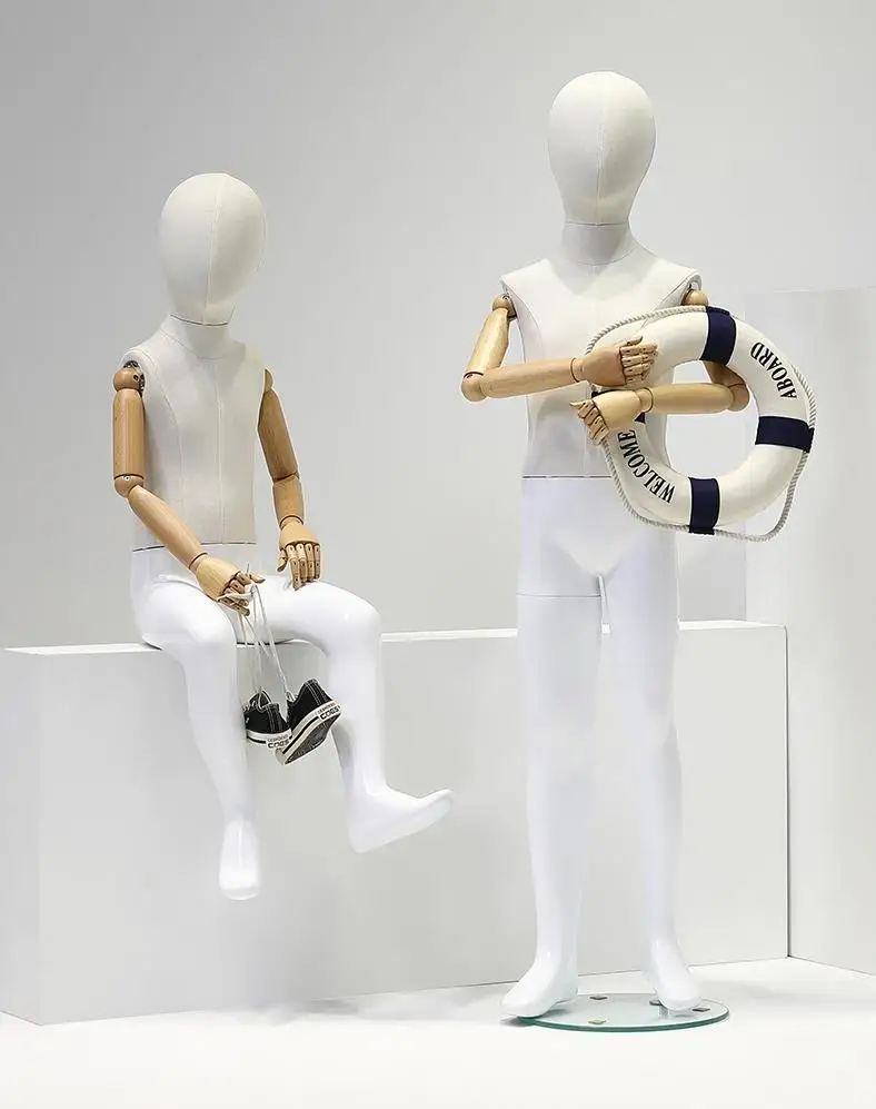 White fabric covered Sitting/Stand full body Mannequin with wooden arms Children dress form manikin Child Clothing Store Display
