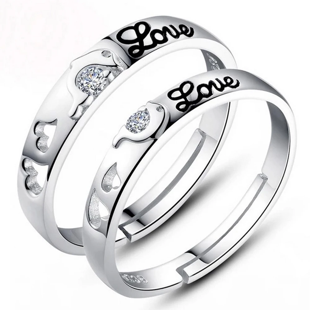 Trendy Minimalist Hollow Heart Shape Zircon Dolphin Love Letter Couple Open Adjustable Couple Rings Jewelry Set For Lovers