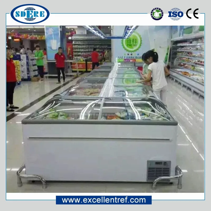 New Style Factory Directly Frozen Foods Fish Deep Chest Island Freezer Showcase Island Chiller with side glass window