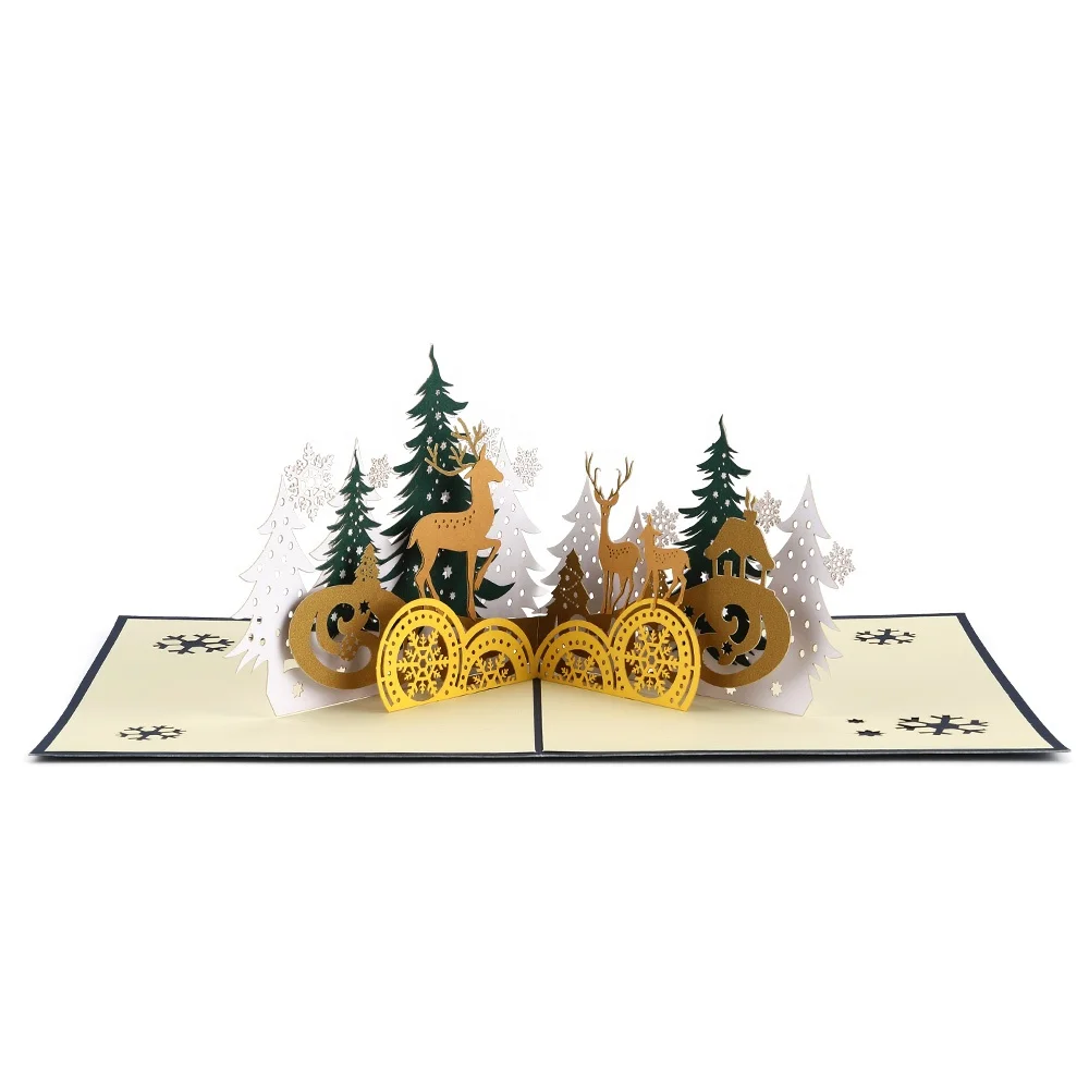 Wholesale Laser Cut Luxury Elk Holiday Merry Christmas Pop-up Pop Up Greeting Cards with Envelopes