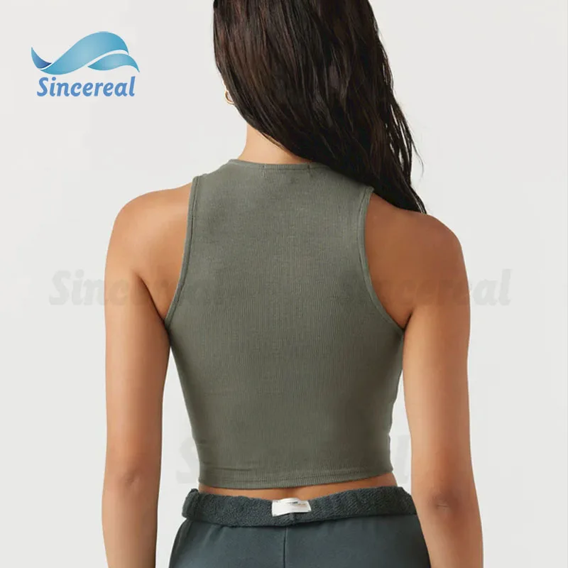 Custom summer sexy adjustable drawstring knit ribbed crop tank top casual streetwear slim fit yoga vest