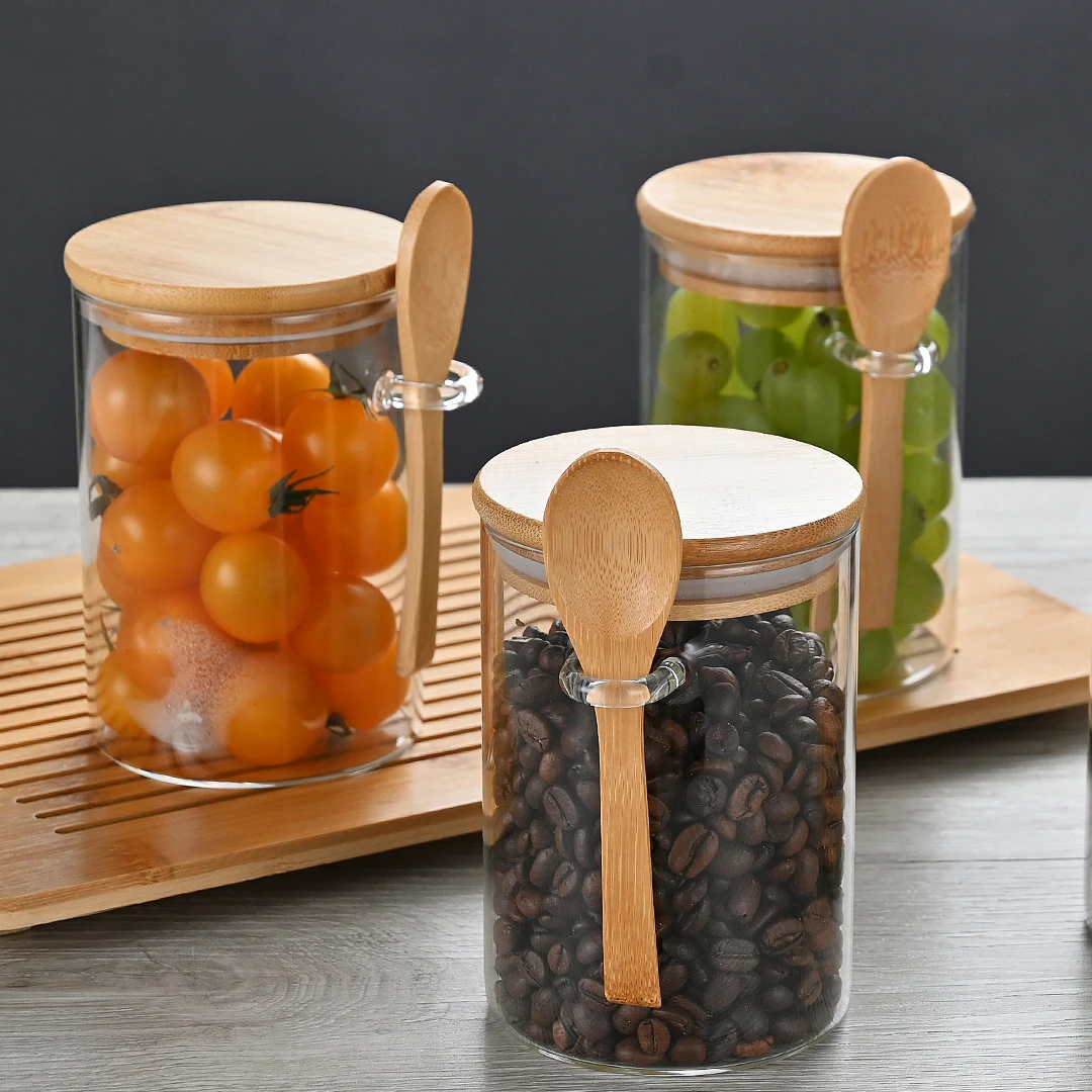 6pcs Airtight high borosilicate glass spice Storage jar set with bamboo lids and spoon