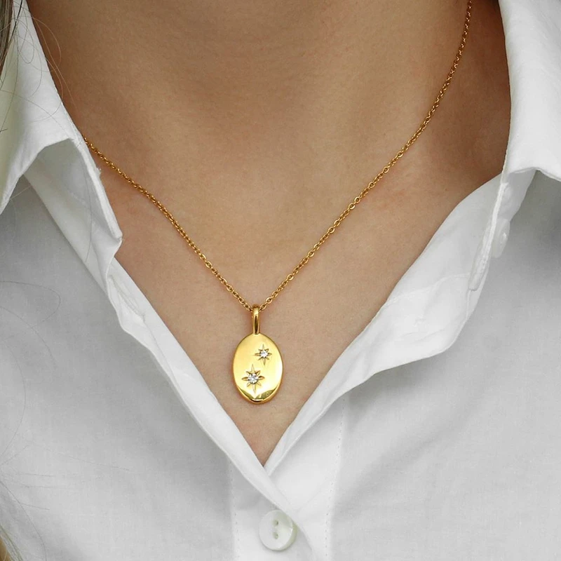 China OEM Simple Style Oval Octagonal Star Zirconia Pendant Stainless Steel Necklace Gold Plated