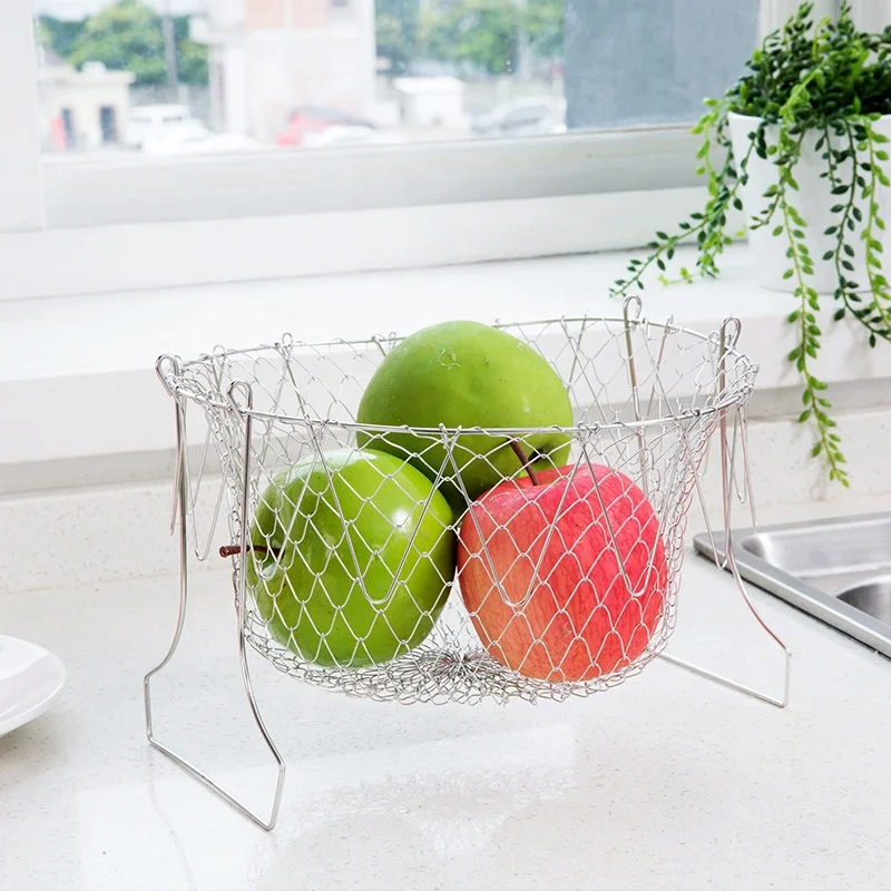 Stainless Steel Foldable Expandable Fry Chef Basket Kitchen Magic Mesh Basket Strainer Steam Cooking Basket