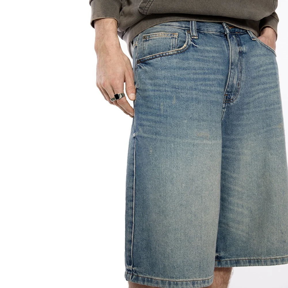 Custom denim Jorts Hip-hop Embroidered Vintage BLUE WASHED Denim Baggy Jean Shorts Men custom design long shorts