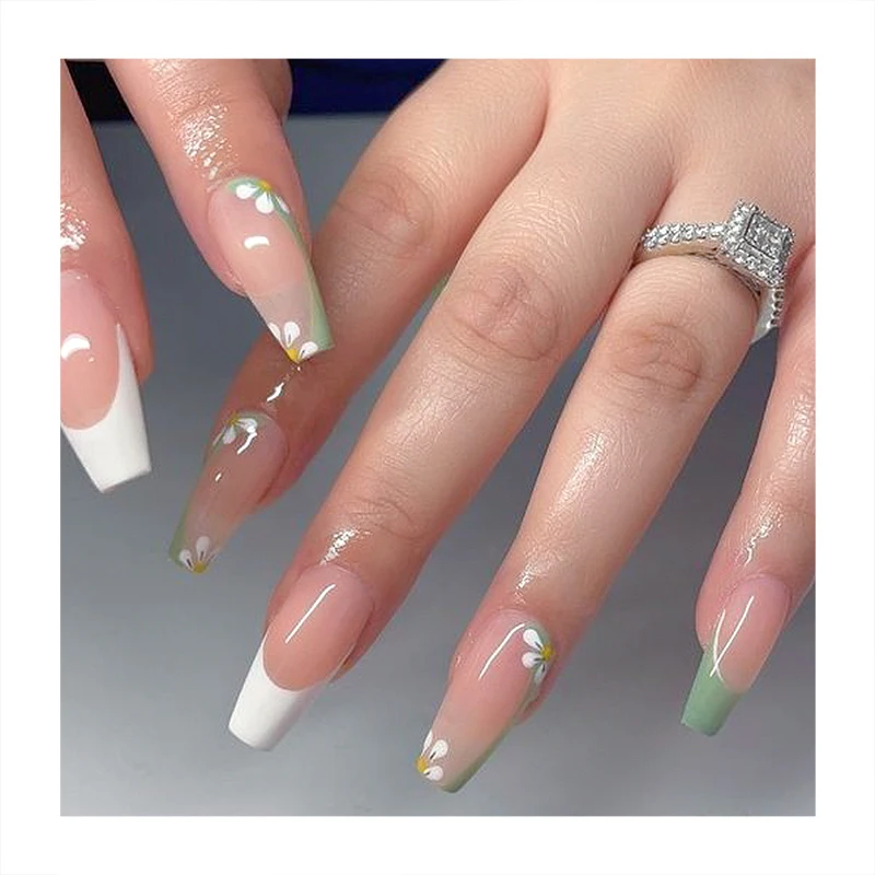 High Quality Long Square Coffin Full Cover Faux Nails Machine Print Simple Color French Fake Tips Factory Custom Press On Nails