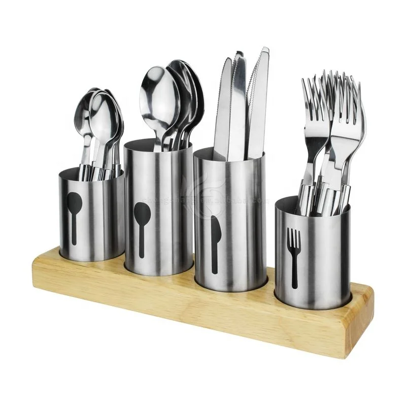 Metal Cutlery Holder Set Stainless Steel Flatware Bamboo Wood Base Forks Knives Spoons Dining Kitchen Cutlery Holder