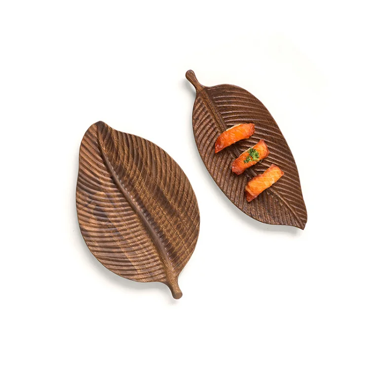 Walnut Vintage Leaf Shape Tray Black Dinner Fruit Supply Eco Friendly Dinner Snack Seving Wooden Plate With Handle