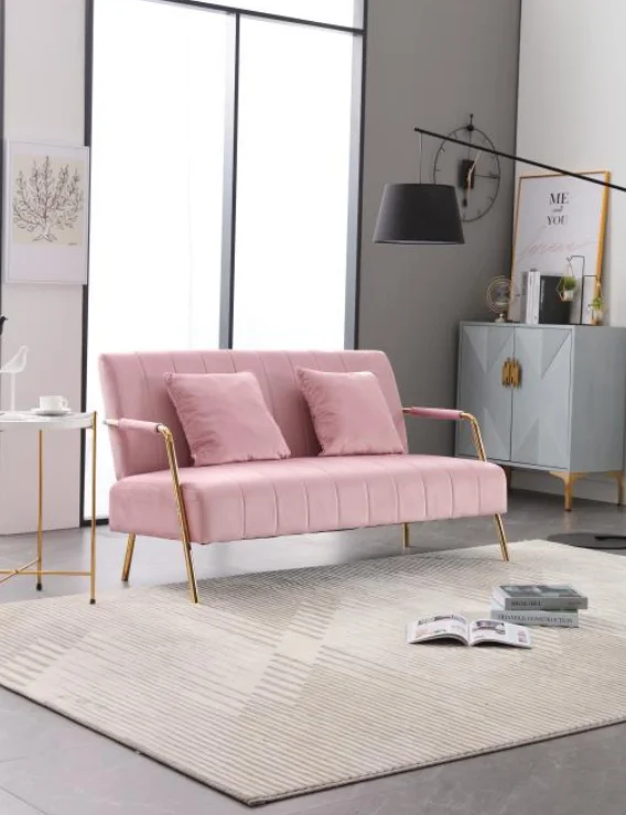 Italy style pink velvet fabric living room chesterfield curved loveseat home use modern sofa with golden armest