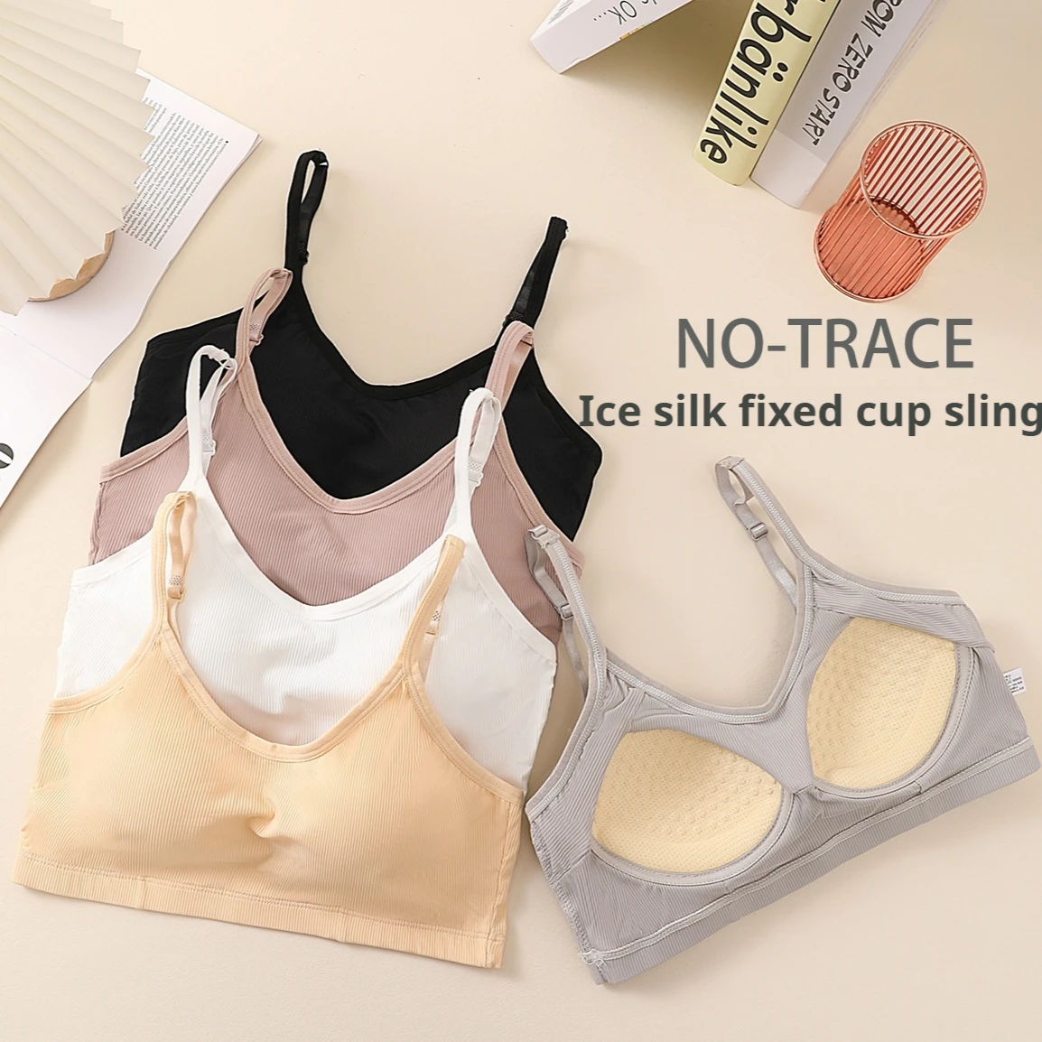 One-Piece Ice Silk bra adjustable shoulder strap bra ice silk thread sling fixed cup beauty back No steel ring bra