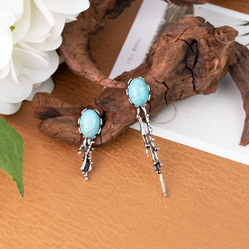 Silver Needle Bohemian Style Asymmetric Blue Turquoise Earrings Creative Personality Inlay Fashion Jewelry