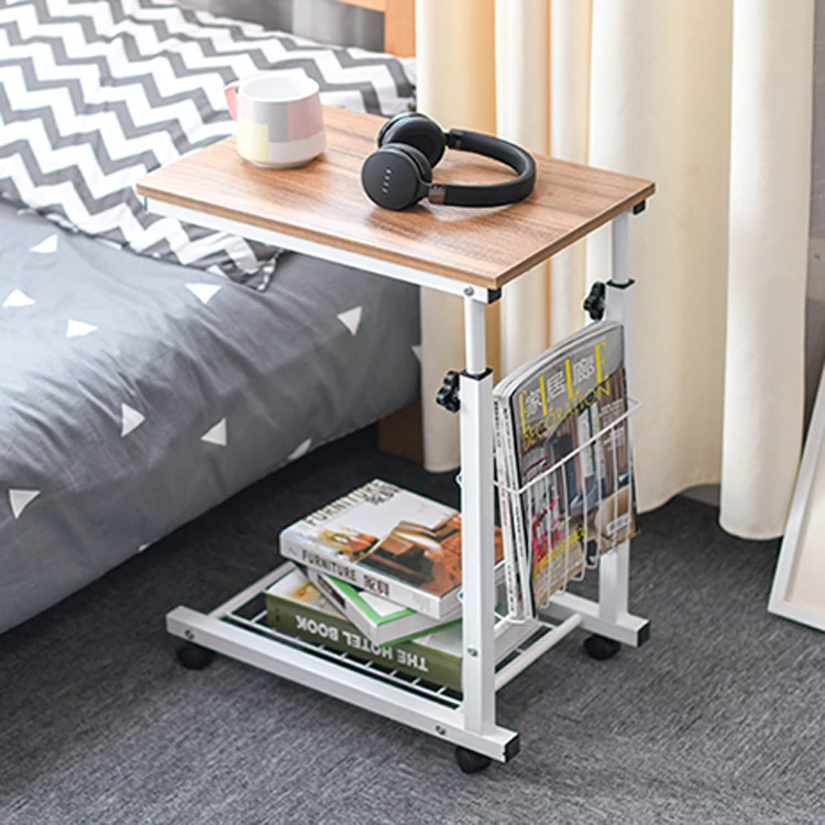 
Sofa Side Table adjustable Castor Wooden Top Metal Base for Living Room 