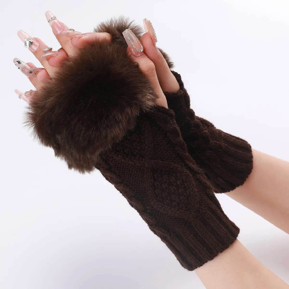 Women Fuzzy Fluffy Fur Knit Gloves Mittens Thumb hole Short Wrist Warmers Winter Knitted Fingerless Gloves Arm Warmers