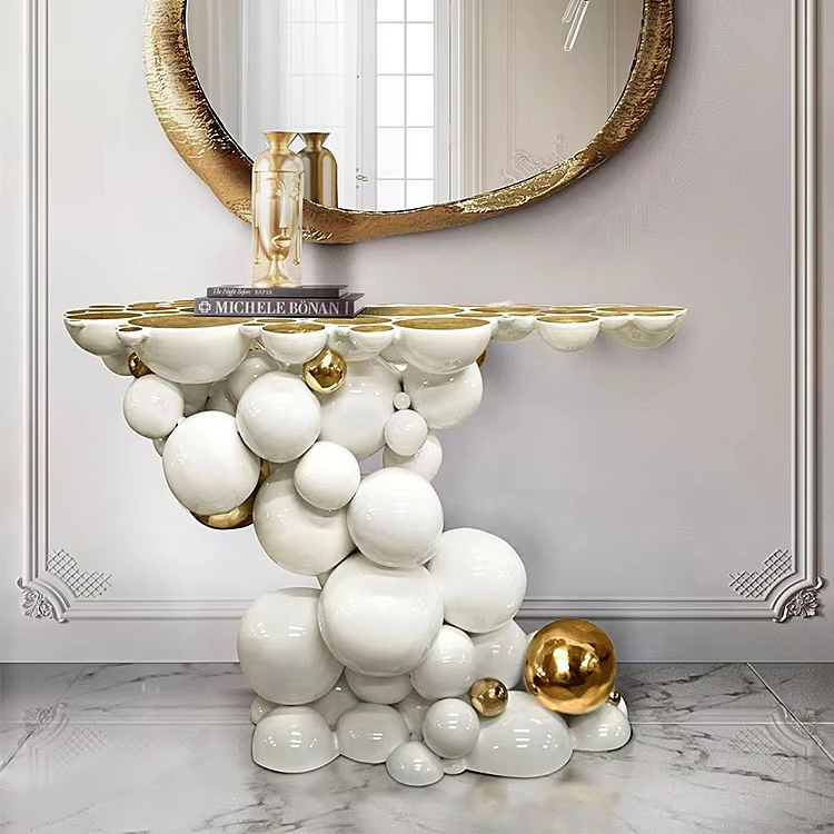 Custom Itailan Design Modern Villa Luxury Stainless Steel Metal White And Gold Console Table With Mirror Entryway