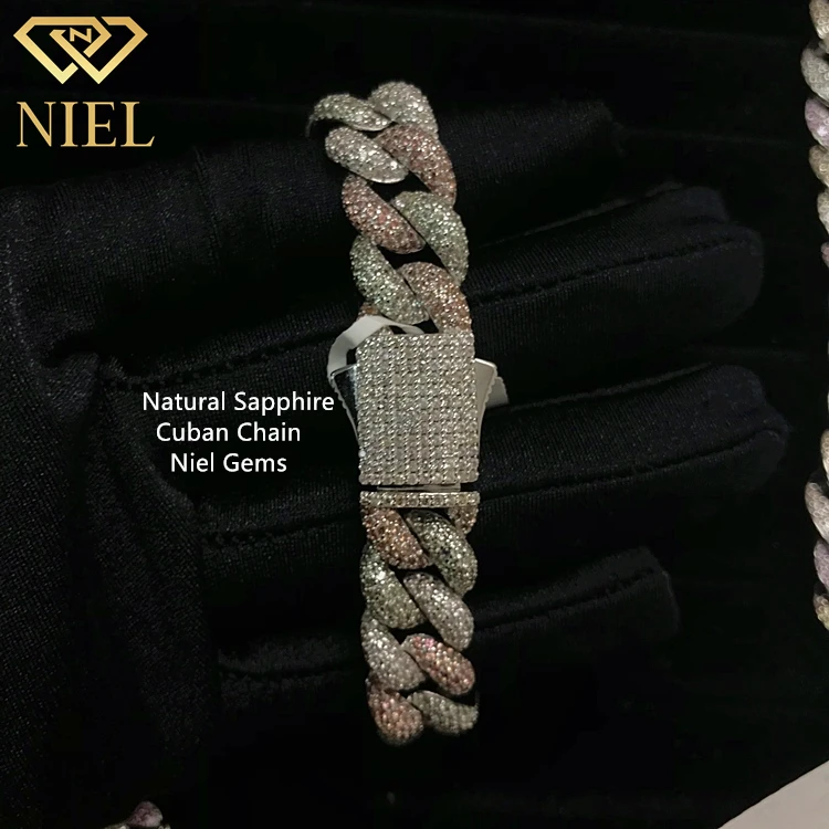 12mm hip hop women jewelry white green orange sapphire silver link iced cuban chain 925 natural stones bracelet