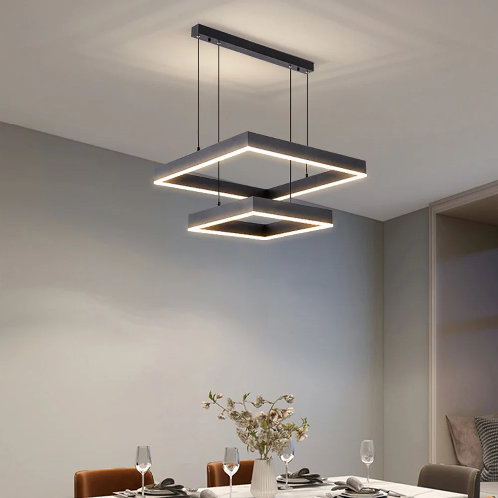 Simple design art line pendant lamp villa living room modern black led chandelier square metal line chandelier