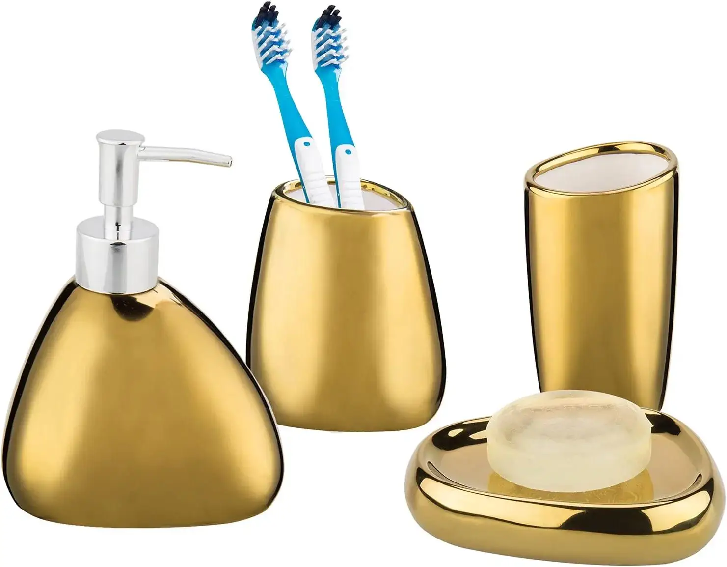 Royal style European golden luxury hotel white wholesale 5 piece ceramic gold color washroom bathroom accessories set