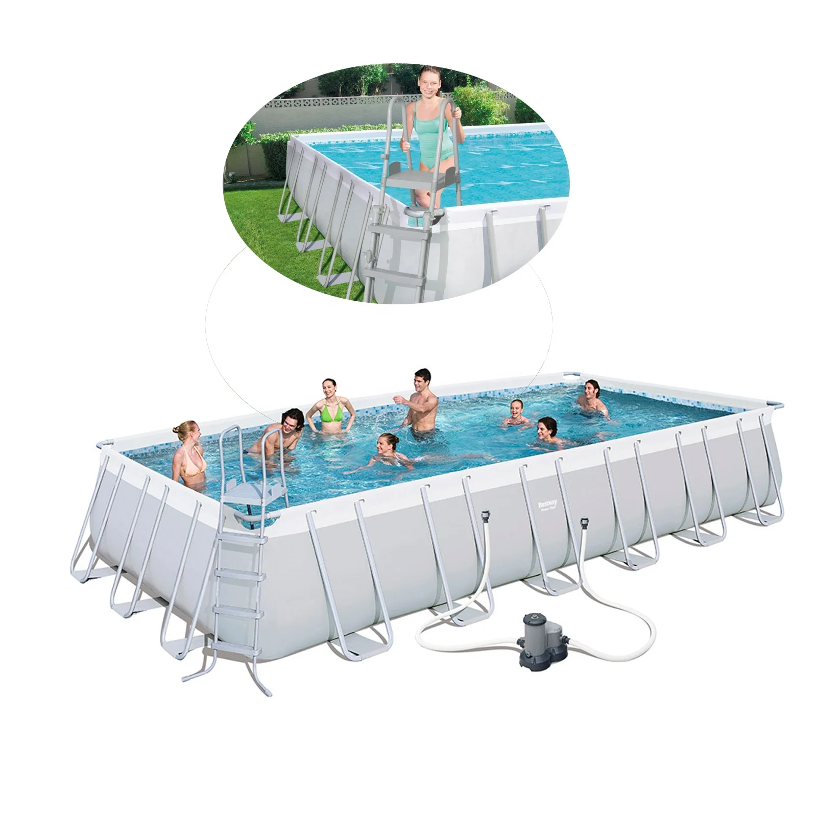 Bestway 56474  24FT  7m Large Rectangular PVC Swimming  Pool Set With Pool  Cover & Safety Ladder & Filter Pump