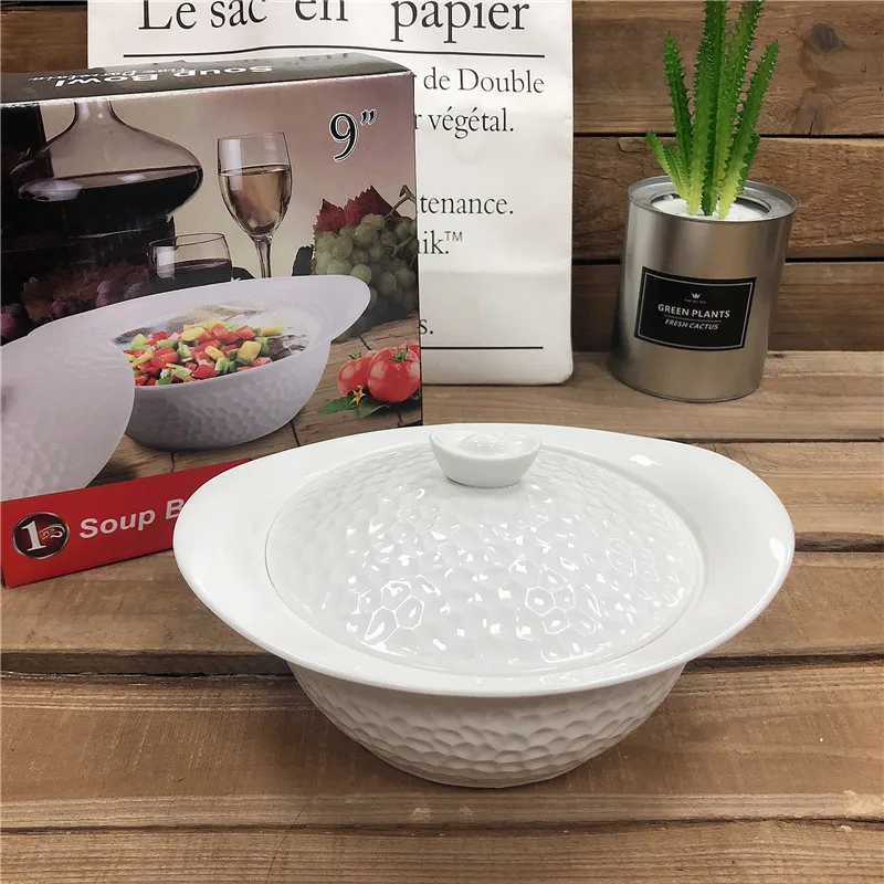 hotel restaurant and home use ceramic soup pot ceramic bowl with cover with embossed decoration